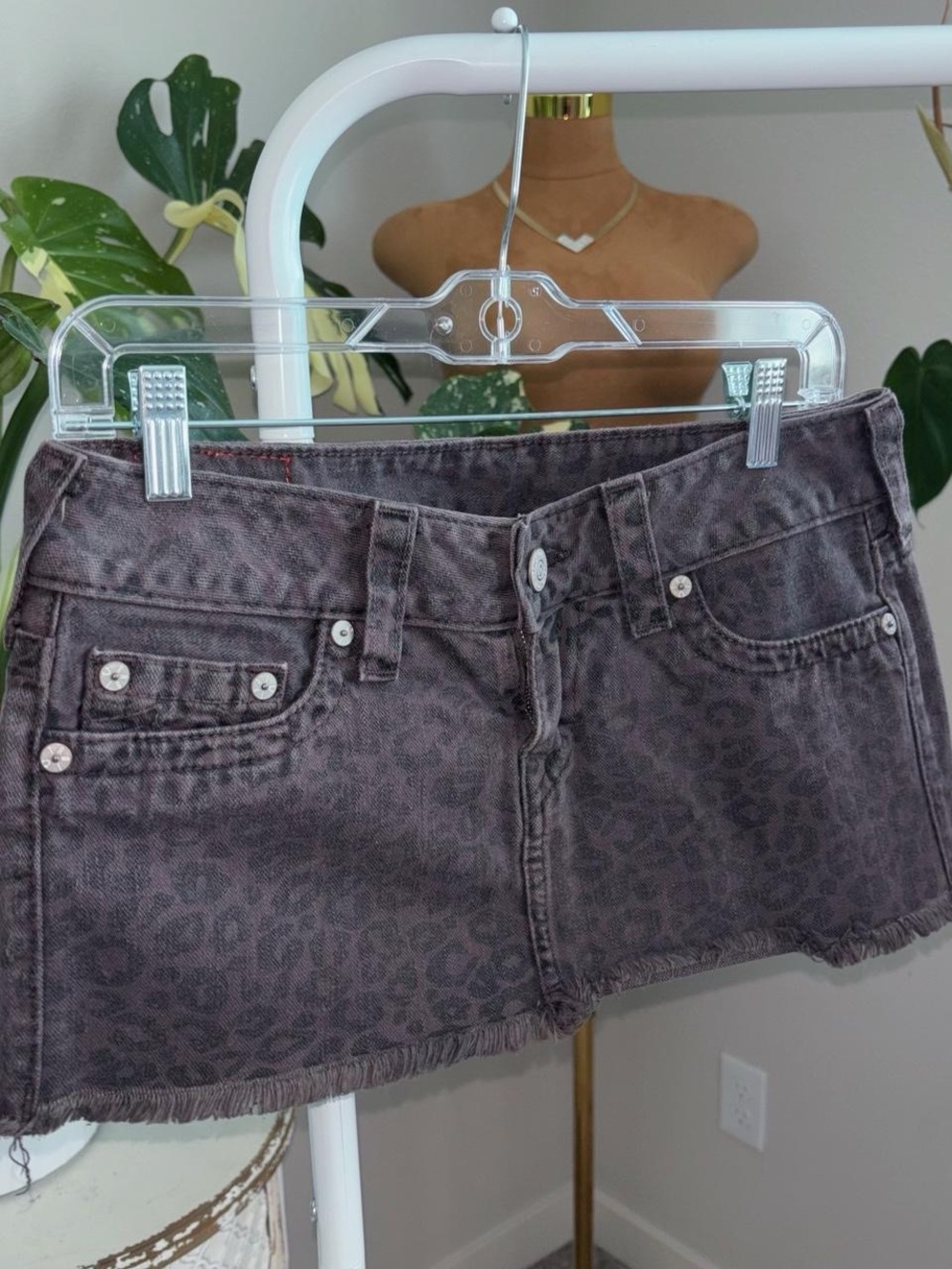 Y2K Made in USA True Religion Mandy Leopard Print Denim Mini Skirt Size 29